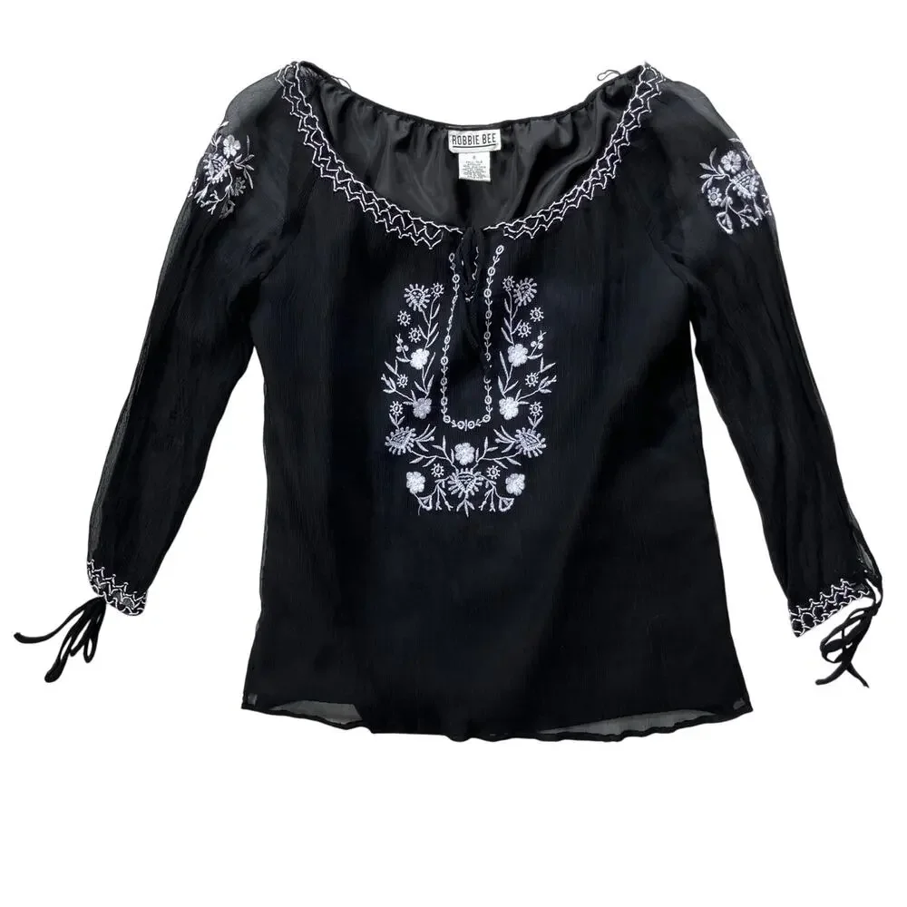 Robbie B Vintage Y2K Silk Boho Embroidered Blouse Size 8 Whimsygoth Black White